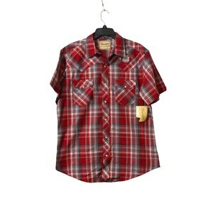 Wrangler Mens Red Plaid Western Snap Shirt Short Sleeve Easy Care Large NWT
